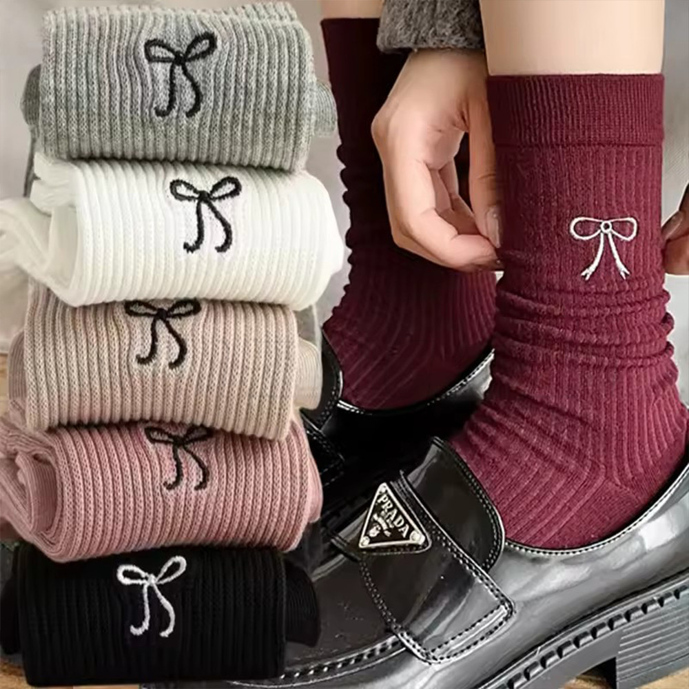 Bow Middle Tube Cotton Socks - Women Ankela Red Bowknot Socks - นุ่ม สบาย ระบายอากาศได้ดี - Japanese Sweet Cute JK Lolita - Daily Casual Long Stocking