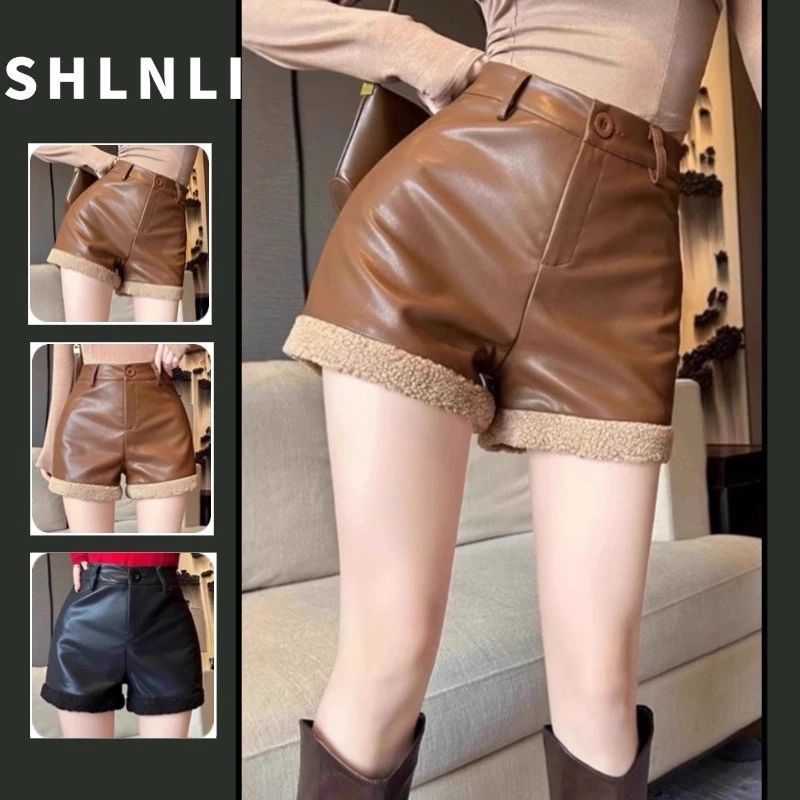 ฤดูใบไม้ผลิฤดูร้อนหนัง PU Lamb Wool Splicing กางเกงขาสั้นสําหรับผู้หญิงสไตล์เกาหลีเอวสูงอเนกประสงค์สีทึบ A-line กางเกงขากว้าง