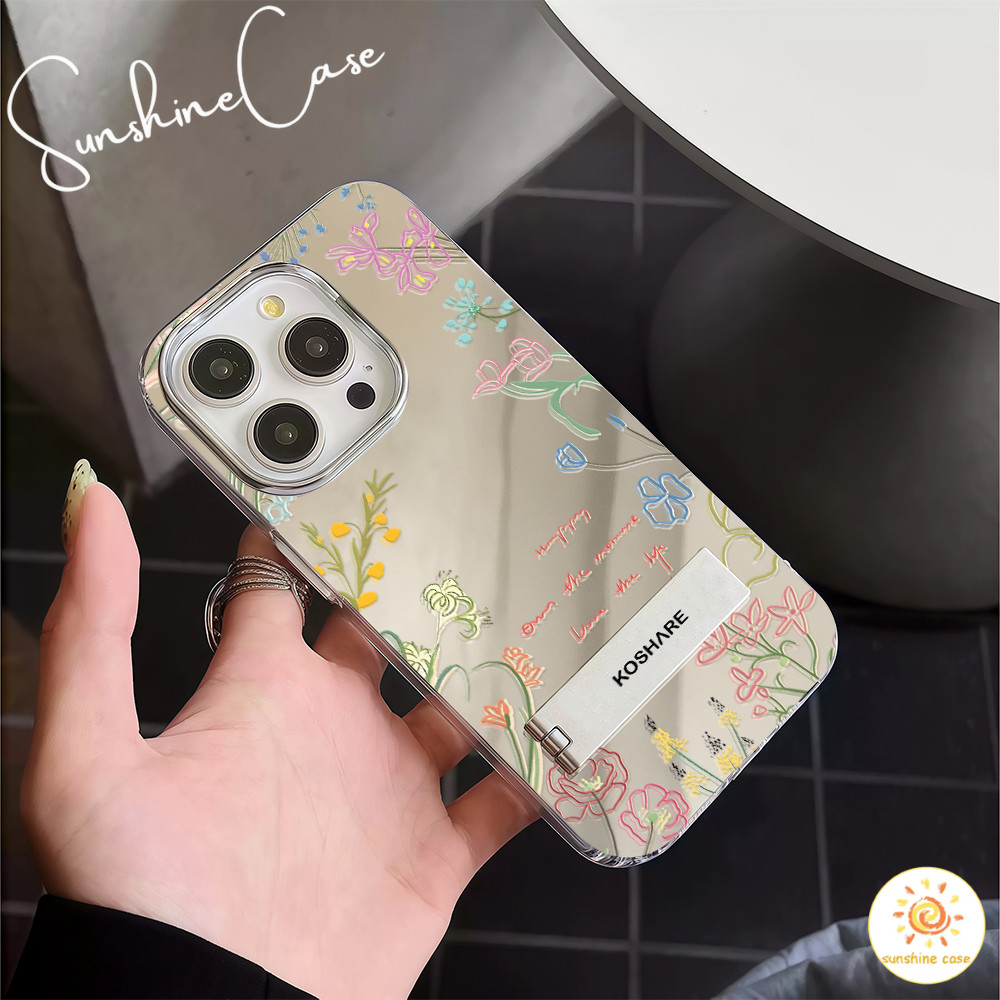 COD เคสไอโฟน12 ลายดอกไม้ หรูหรา สวยงาม เคสกระจกเงาขาตั้งใช้กับIPhone11 12 13 14 15 16 Pro PROMAX 7/8PLUS X XR XS SE2020