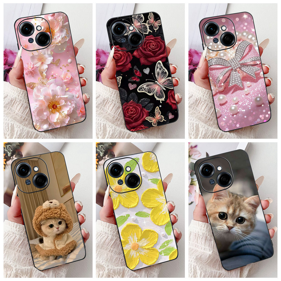 สําหรับ Tecno Spark Go 1 1S Elegant Floral Cat เคสโทรศัพท์ Tecno Spark Go 2025 Go1 Go1S ซิลิโคนสีดํา