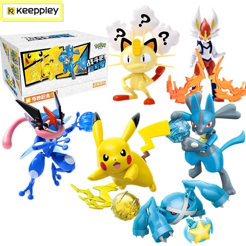 Original Keeppley Pokemon Building Block Pikachu Meowth Lucario Cinderace Greninja ประกอบตุ๊กตาอะนิเมะของเล่นเด็กของขวัญ