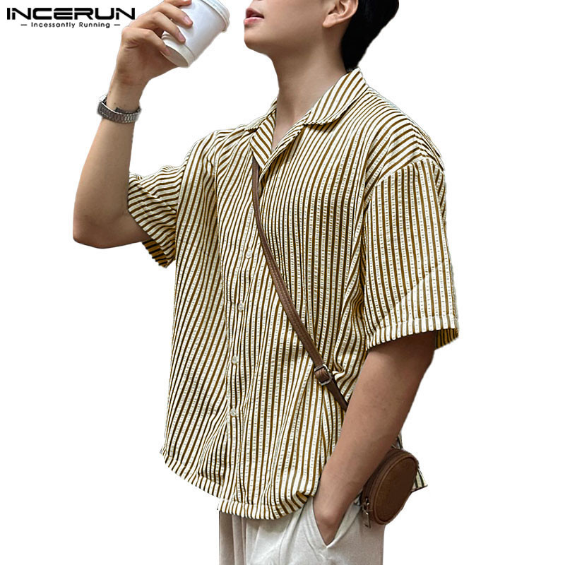 INCERUN ผู้ชายเกาหลี Commute Casual Turn-Down-Collar 3/4 แขนกระเป๋าคู่ Baggy Stripe เสื้อ