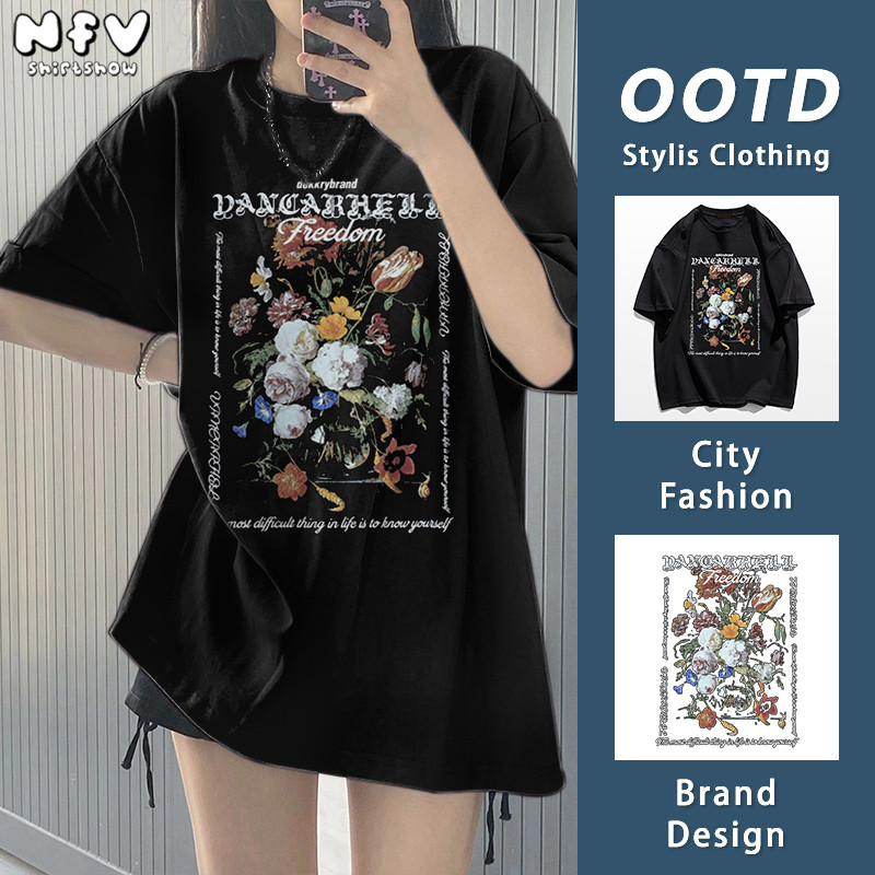 NFV เสื้อยืดคอกลมแขนสั้น🌸แฟชั่นสไตล์เกาหลี ลายดอกไม้ oversize สาวอวบ ผ้าฝ้ายแท้ใส่สบาย YG426