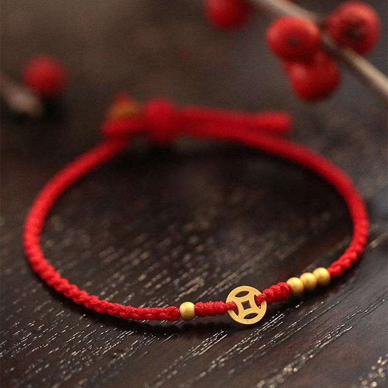 ซีฟาง ไลไช่ สร้อยข้อมือถักเหรียญทองแดงใหม่เชือกสีแดงสร้อยข้อมือบางสําหรับนักเรียนและคู่รักสร้อยข้อมือสันติภาพและโชค