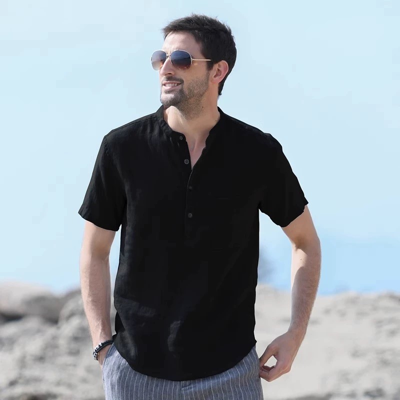 เอร์เชนชิ ฤดูร้อนใหม่ผ้าฝ้ายและผ้าลินินแขนสั้นผู้ชายเสื้อยืดยืนปกหัวเข็มขัดที่เรียบง่ายเสื้อแขนสั้น - รูปที่ 4