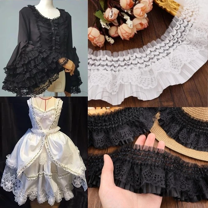 2Yard 7.5 ซม.ลูกไม้สีขาวสีดําผ้าชั้นริบบิ้นยืดหยุ่น Ruffle Trim สําหรับเย็บผ้ากระโปรงผ้าม่านอุปกรณ์เสริม DIY หัตถกรรม