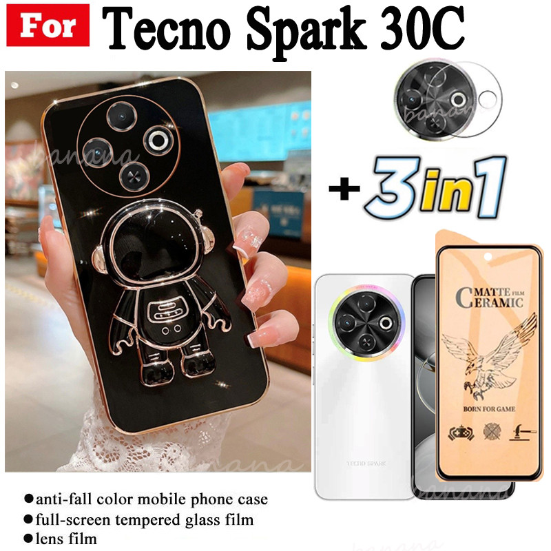 3in1 Spark 30C 4G 6D Electroplating Anti Drop Soft Case สําหรับ Spark 30 Pro 4G Spark Go 1 นักบินอวกาศขาตั้งโทรศัพท์ + ฟิล์มกระจกนิรภัย + เลนส์ป้องกันฟิล์ม