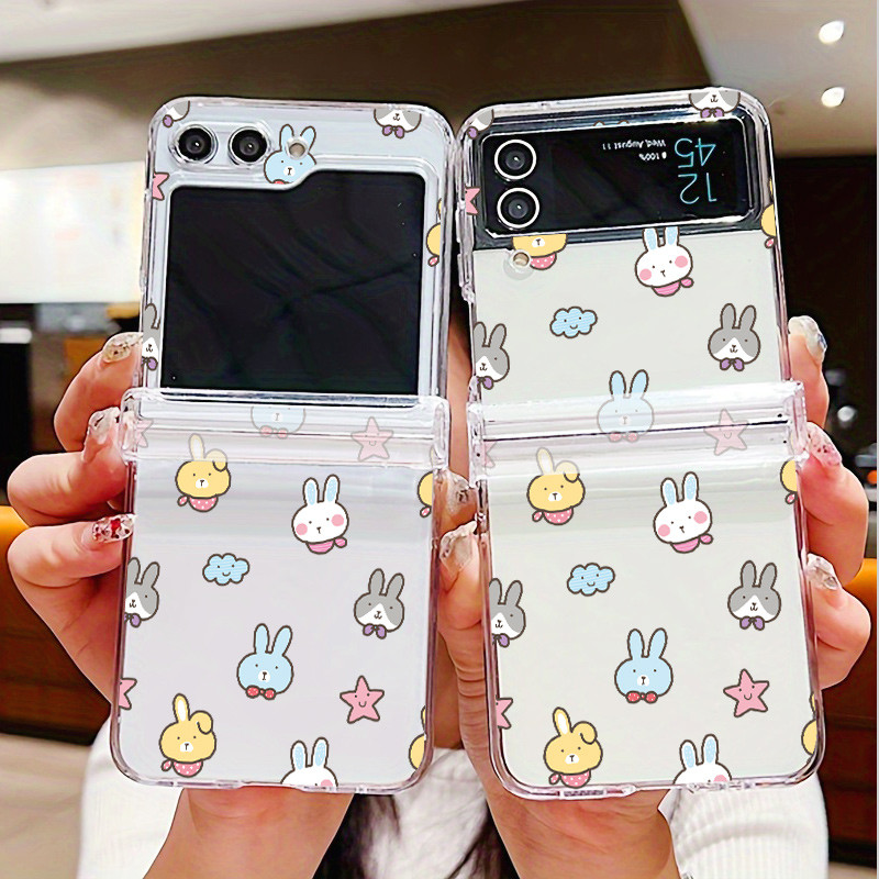 สําหรับ Samsung Galaxy Z Flip6 Flip5 Flip4 Flip3 กรณีการ์ตูนกระต่าย Hard Flip ฝาครอบโทรศัพท์บานพับเต็มรูปแบบโปร่งใสปลอกกันกระแทก