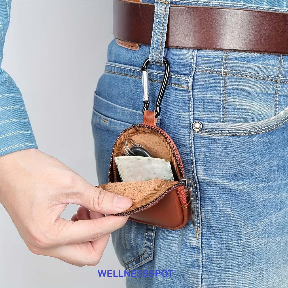 Wellnessspot Elliptical Zipper Pouch, Mini Retro Oil Wax PU Wallet, Key Ring Zipper Anti-loss Waterproof Mens Coin Purse ทุกวัน