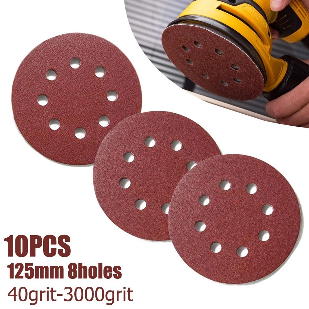 การลดราคาครั้งใหญ่ 10pcs 5 นิ้ว 125 มม.กระดาษทรายกลม 8 หลุม Hook loop แผ่นทราย 40-3000grit [BABYHOOD-TH]