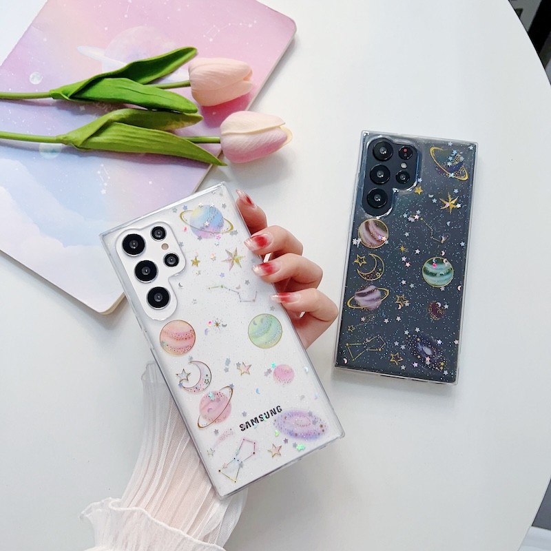 SAMSUNG โปร่งใสglitter Gradient Star PlanetสําหรับSamsung Galaxy S24 S23 S22 S21 S10 S20 FE Note 10 Plus 20 Ultra 5Gฝาครอบ