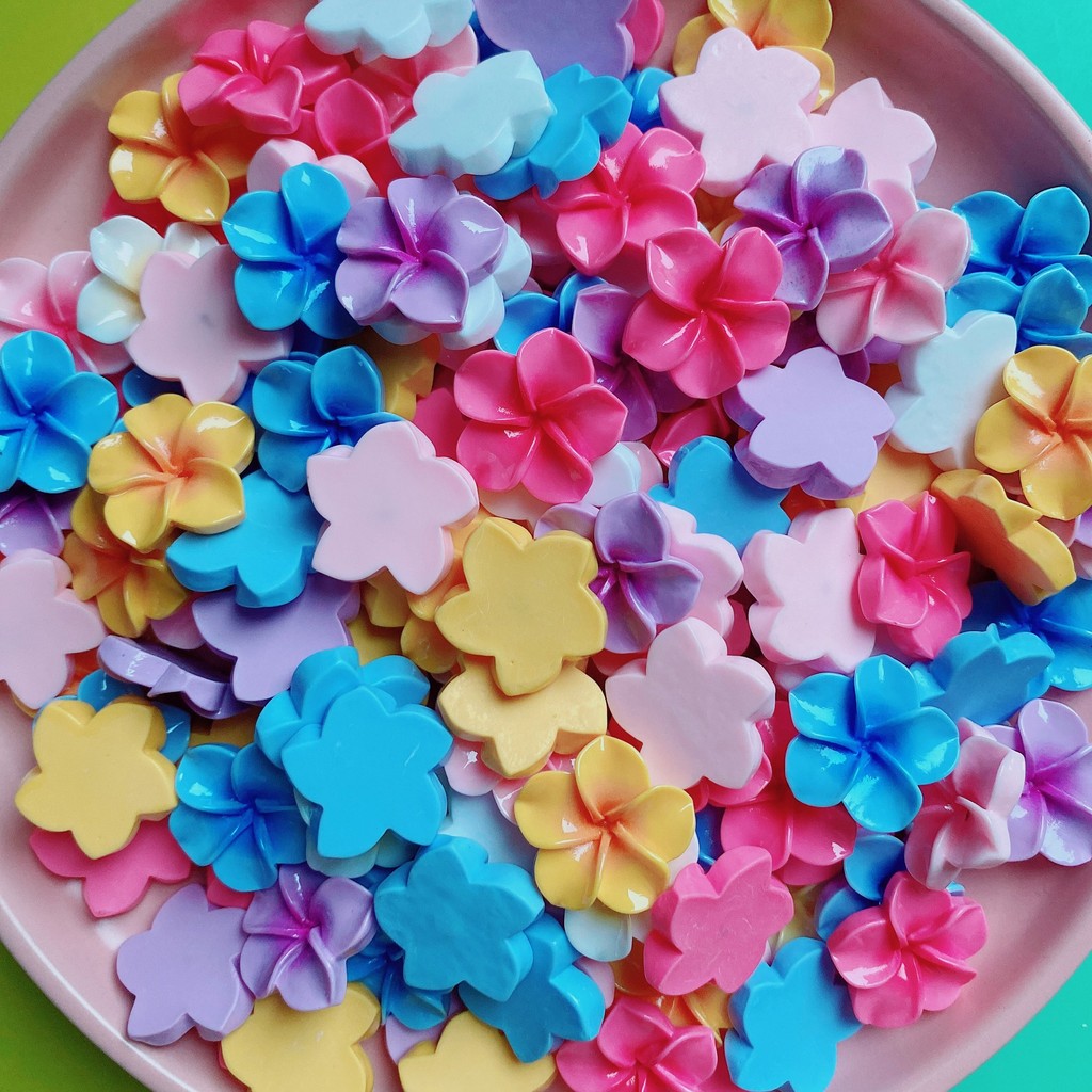 10 ชิ้น/เซ็ตผสมสีสัน Tropical Plumeria ดอกไม้เรซิ่น Charms Flatback Cabochons สําหรับฮาวายฤดูร้อนชุดผมตกแต่ง