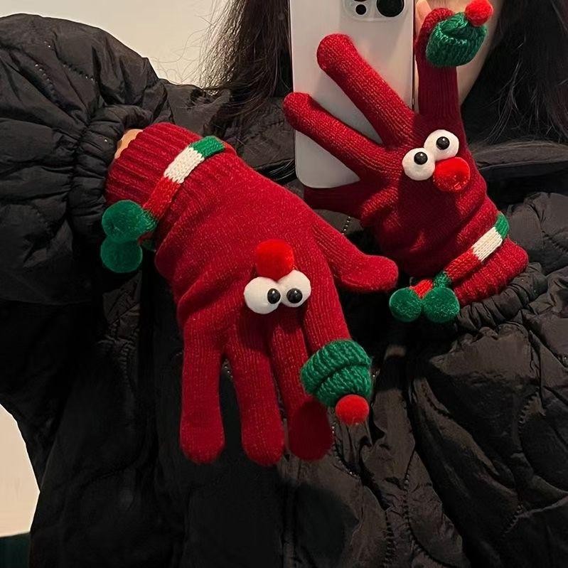 [Christmas Warm Gloves]New Year Christmas Red Fingerless Gloves Women Winter Student Cute Eyes Coupl