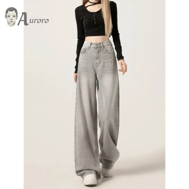 กางเกงยีนส์ผู้หญิง American Vintage Wide-Leg Pants สีเทาล้างกางเกงหลวม Conspicuous Straight-Leg Pants