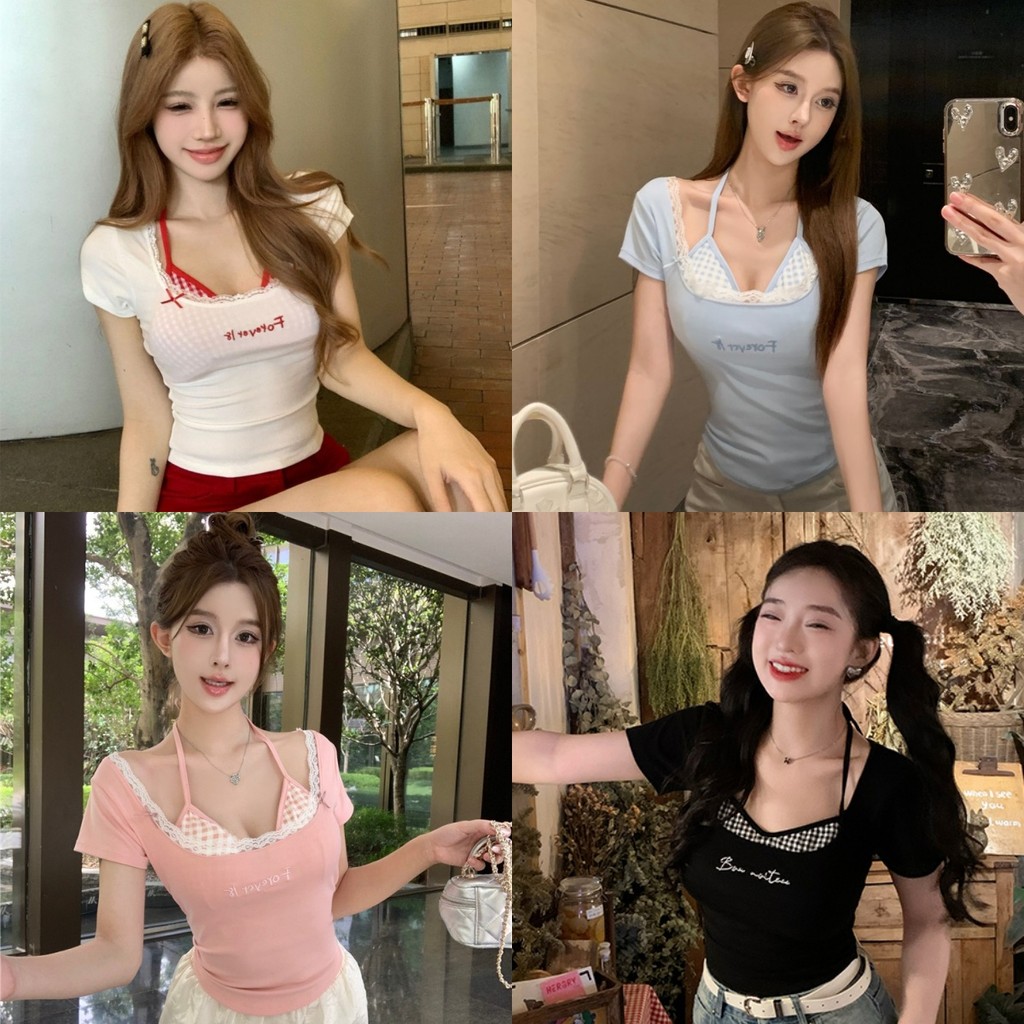 Kayla เสื้อยืด แขนสั้น คอเหลี่ยม สไตล์ดีเทลแต่งเย็บสองชั้น เข้ารูป ผ้ายืด เสื้อครอป สไตล์เกาหลี สตรีท แฟชั่น#FY5056