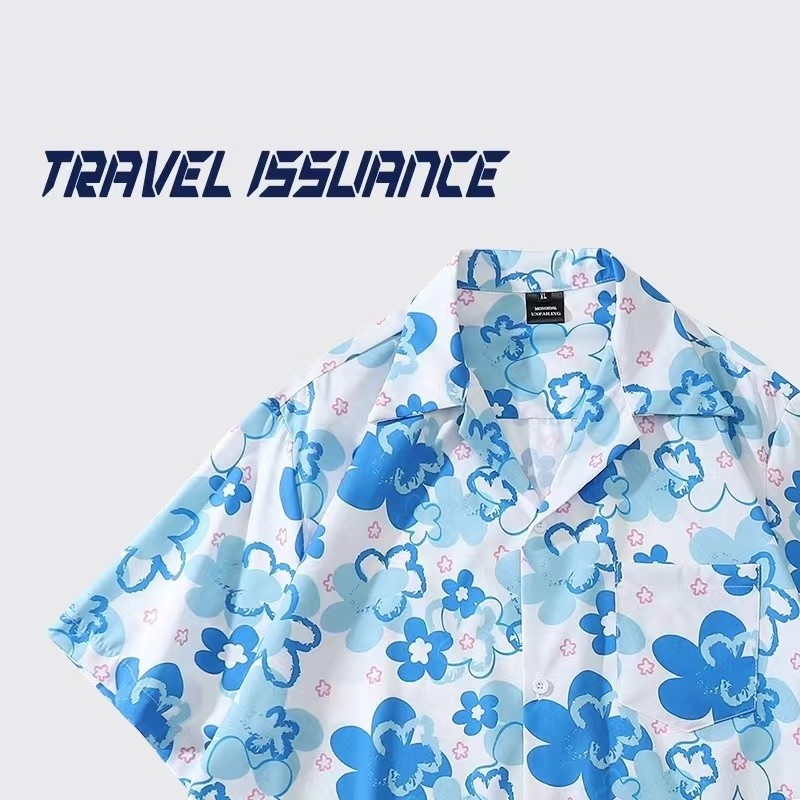 เสื้อฮาวายเสื้อเชิ้ตแขนสั้นผู้ชายผ้าไหมสังเคราะห์มัดย้อมสไตล์ย้อนยุคเหมาะกับการเดินชายหาด