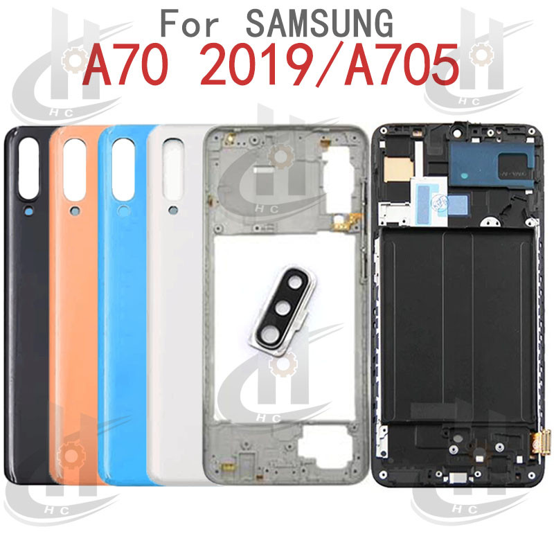 สําหรับ SAMSUNG Galaxy A70 2019 A705 แบตเตอรี่ฝาหลังกรอบกลาง + ปุ่ม + กรอบด้านหน้า LCD + เลนส์กรอบกล้อง