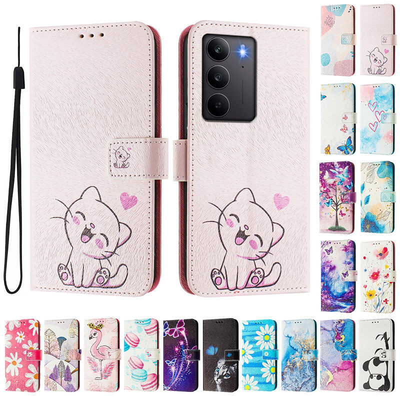 Realme C75 กรณีน่ารักทาสีรูปแบบพลิกเคสโทรศัพท์สําหรับ Realme C65 C55 C25 C25s C15 กรณีแม่เหล็กกระเป๋าสตางค์หนังปกหนังสือ