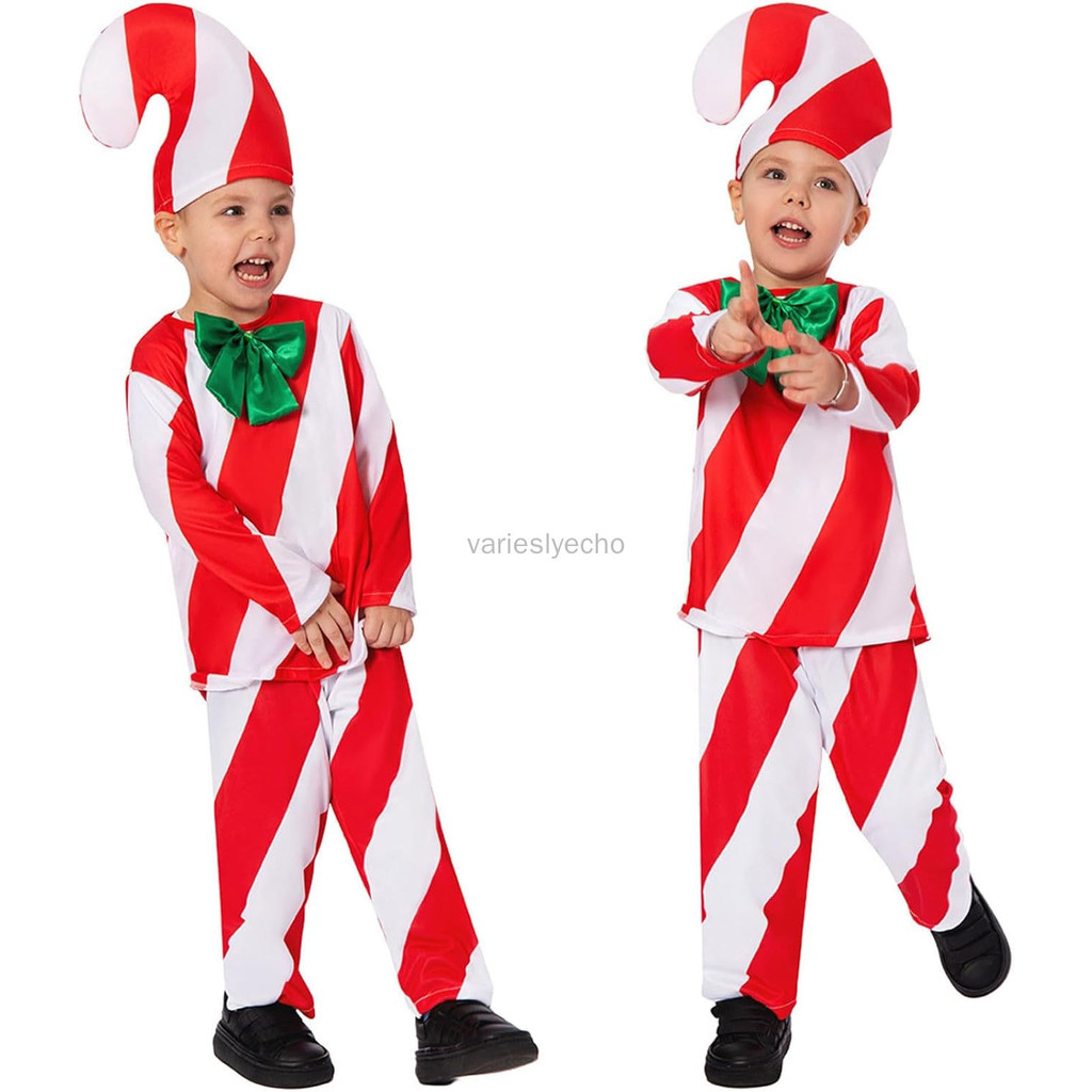 Kids Christmas Candy Cane เครื่องแต่งกายคอสเพลย์ปาร์ตี้กางเกงหมวก, ชุดคริสต์มาสวันหยุด Candy Cane เครื่องแต่งกาย