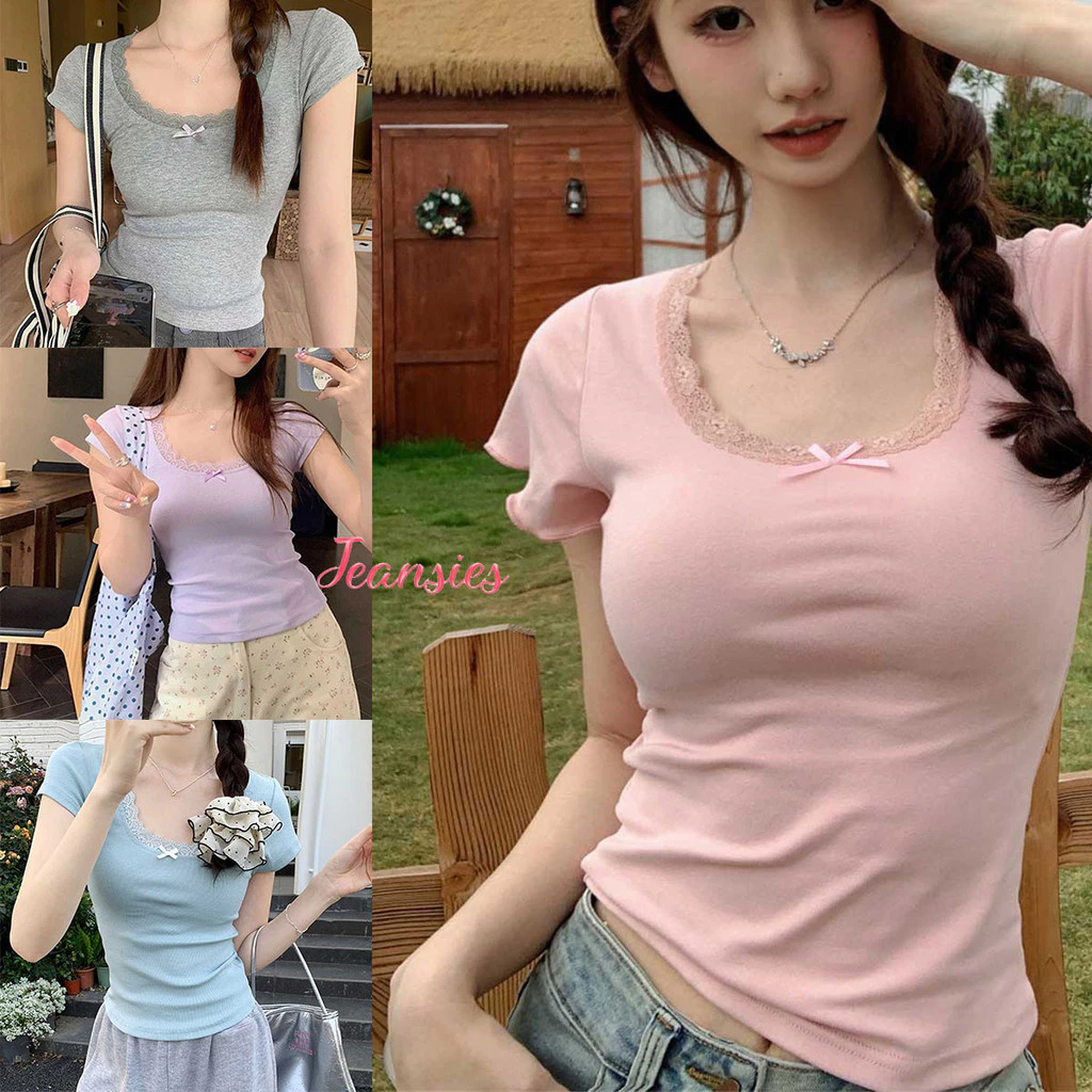 เสื้อยืดแขนสั้นยูคอผูกโบว์ ลายลูกไม้ สไตล์อเมริกัน สีชมพู