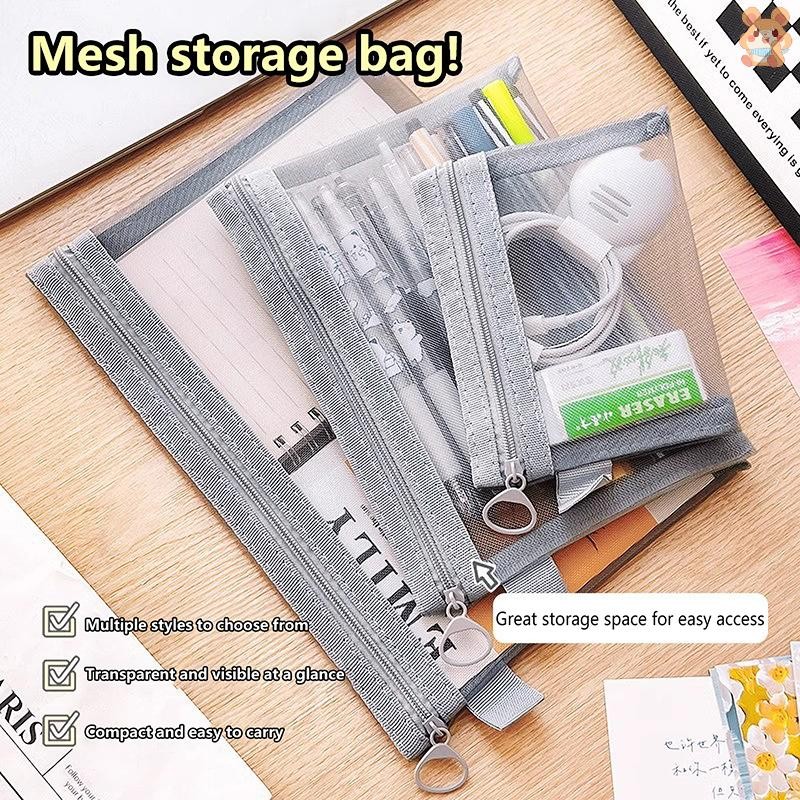 [LO] กระเป๋าเครื่องสําอางตาข่ายสีเทาแบบพกพา Travel Zippered Student Office File Bag กระเป๋าใส่หูฟัง al กระเป๋าเก็บของ TH