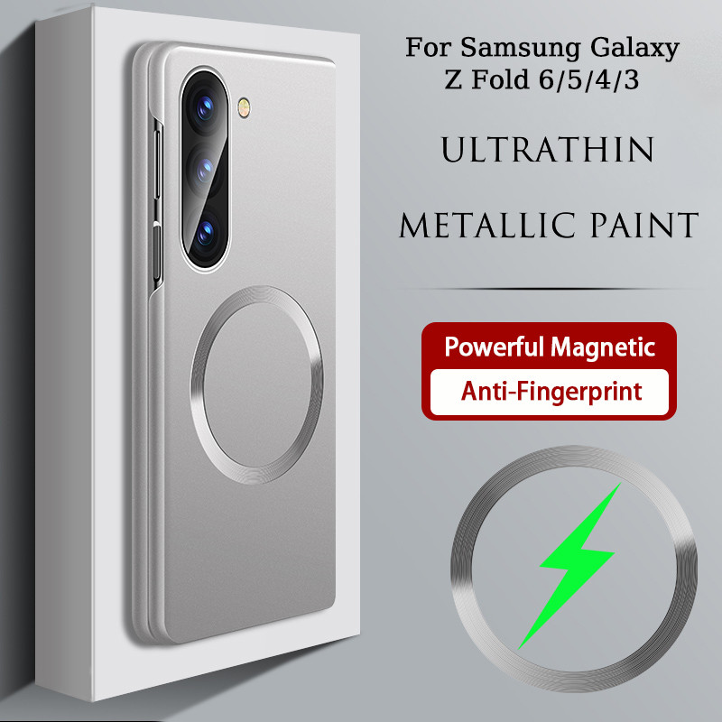 SAMSUNG หรูหราบางเฉียบสีเมทัลลิคเคสโทรศัพท์สําหรับSamsung Galaxy Z Fold7 Fold6 5 4 3 แม่เหล็กชาร์จไร้สายMatte Anti-ลายนิ้วมือปกแข็งPC Shell