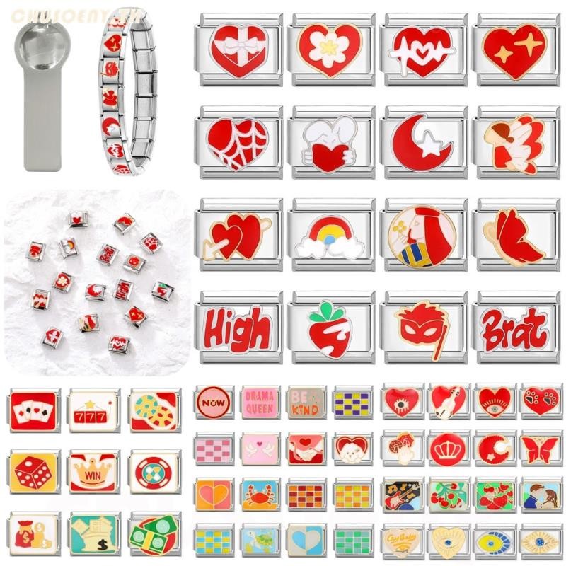 ยอดนิยม Love Red Heart Oil Italian Charm Links Fit 9 มม.สร้อยข้อมือสแตนเลสทําเครื่องประดับ