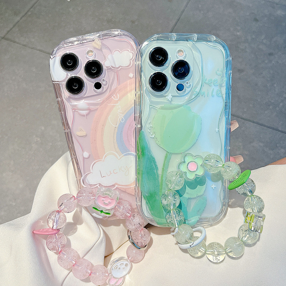NY| เคส สำหรับ Samsung Galaxy A02 A02S A03 A03S A04 A04S A04E A06 A10S A11 A12 A13 A14 A16 A20 A30 A20S A21S A22 A23 เคสโทรศัพท์สร้อยข้อมือดอกไม้ทิวลิปสีรุ้งคลื่นน้ำนุ่ม