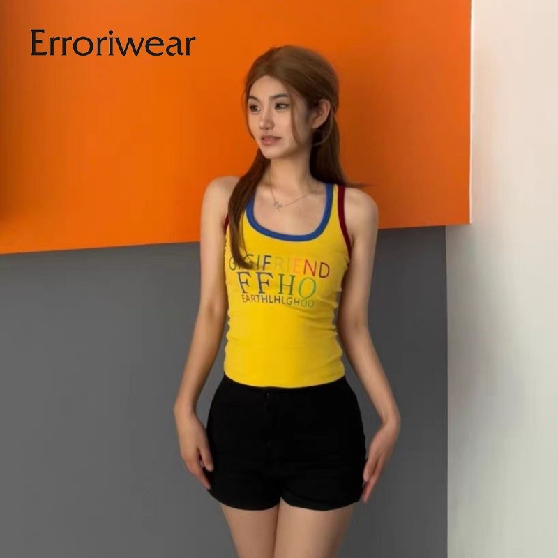ข้อผิดพลาด เสื้อกล้ามผู้หญิง 2024 แฟชั่นพิมพ์ตัวอักษรหลากสี U-คอ Slim Fit เสื้อลําลอง