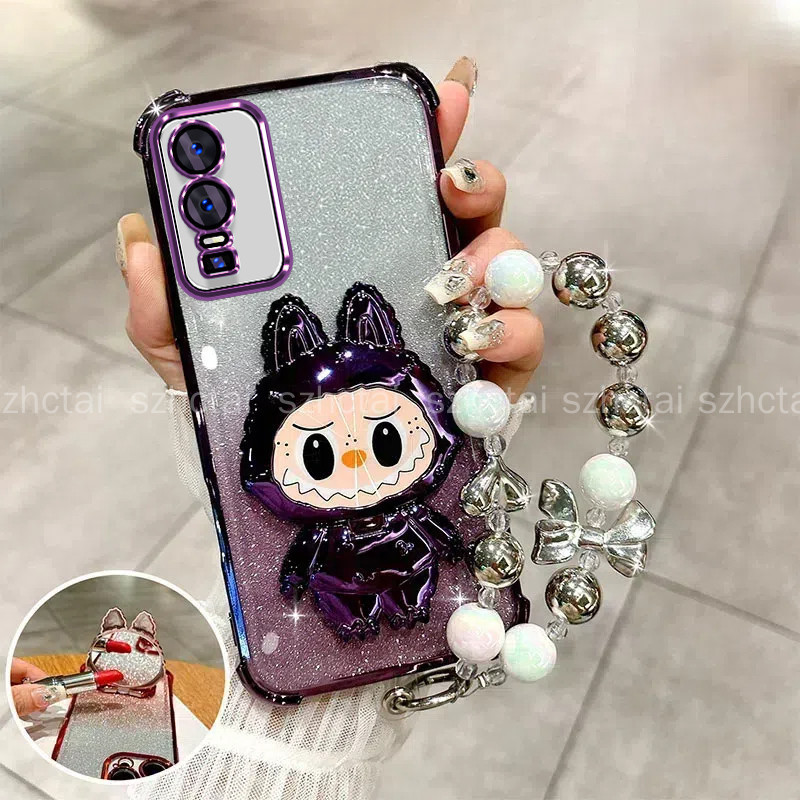 ปลอกสําหรับ Vivo Y76 5G การ์ตูน Labubu Clear Jelly เคสกันกระแทก Glitter หรูหราพร้อมฝาครอบเลนส์กล้องกระจกแต่งหน้าที่วางโทรศัพท์ขาตั้งสร้อยข้อมือฝาครอบโทรศัพท์