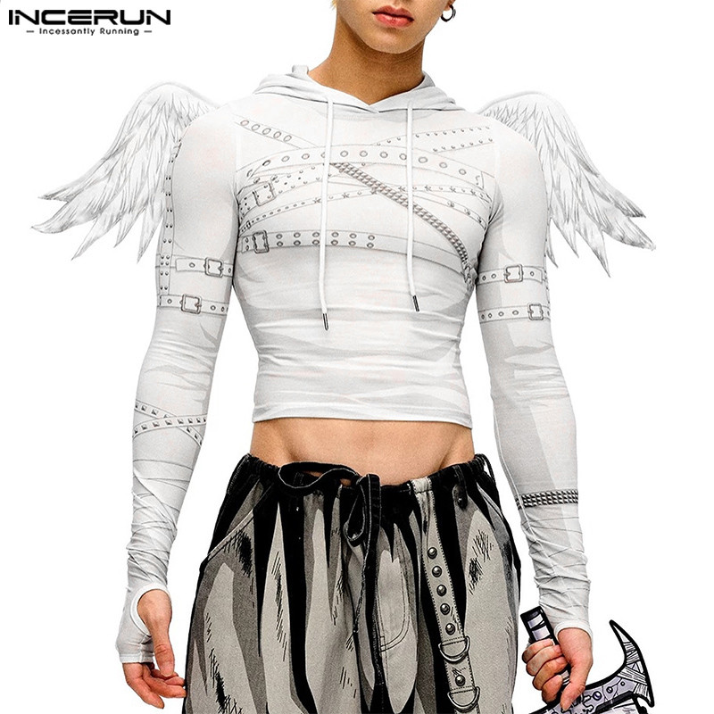 Incerun เสื้อยืดแขนยาวมีฮู้ดลําลองสําหรับบุรุษเกาหลี