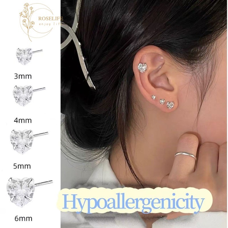 Roselife 1PC S925 เงิน Minimalist Chic Shining Zircon Heart Stud ต่างหูสําหรับสาว Hypoallergenic Pierced หู Studs เครื่องประดับทุกวันอุปกรณ์เสริม