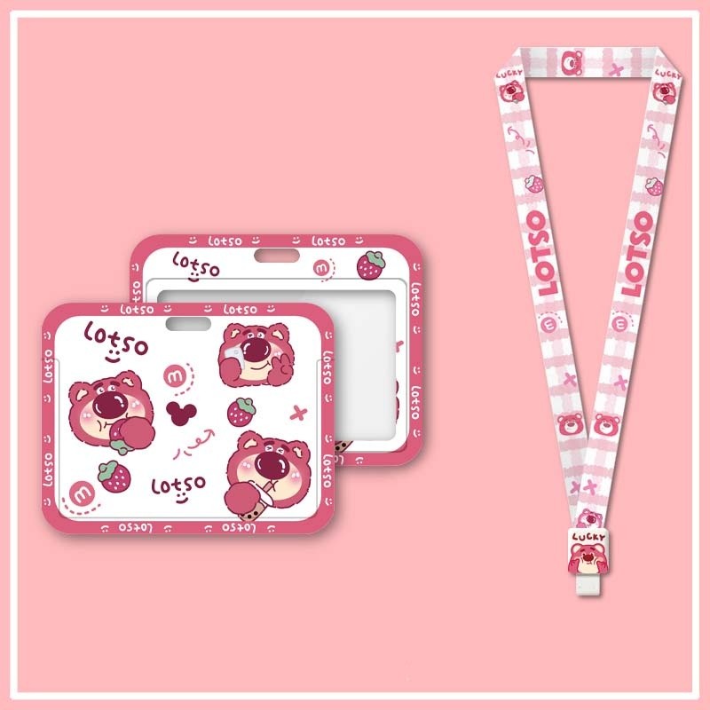 ซองใส่บัตรหมีสตรอเบอร์รี่น่ารักพร้อมที่ใส่บัตรเชือกยาวที่ใส่บัตรป้องกันรถบัสแบบยืดหดได้การ์ตูนวิทยาเขตนักเรียน