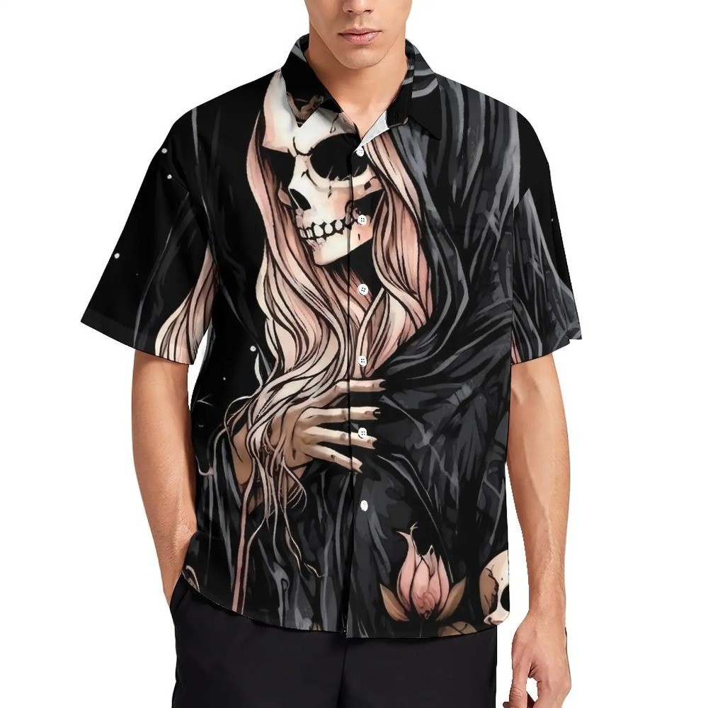 ผู้ชาย Gothic Skulls พิมพ์สังคมเสื้อลําลองแขนสั้นขนาดใหญ่ Retro Damask Beach เสื้อฮาวายเสื้อแฟชั่น Vintage