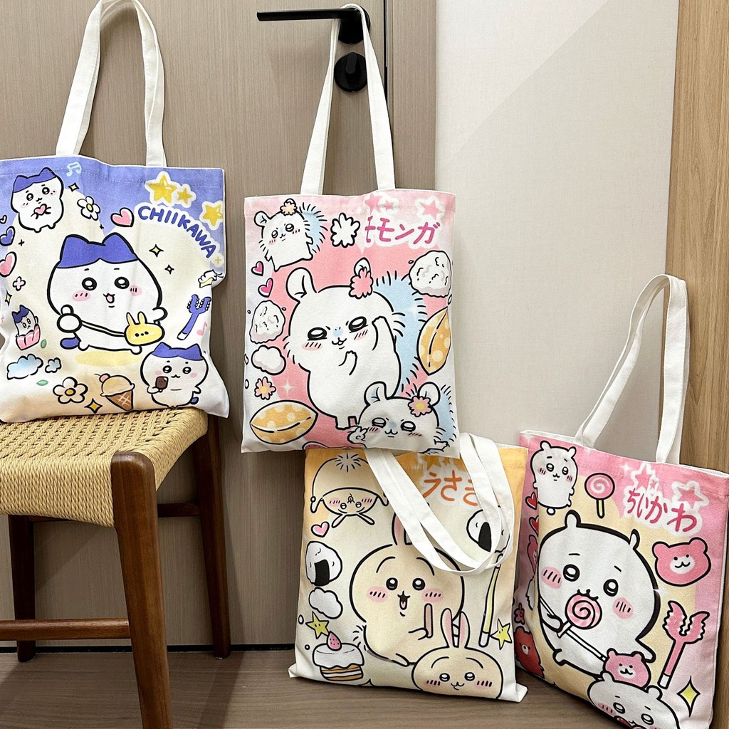 Kawaii Chikawa กระเป๋าผ้าใบ Miniso น่ารักอะนิเมะน่ารัก Hachiware Usagi กลางแจ้งเครื่องสําอางกระเป๋าถือหนังสือการ์ตูนกระเป๋าเก็บสาวของขวัญ