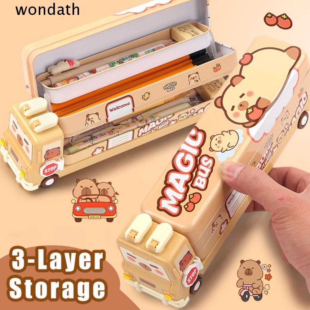 กล่องปากกา WONDA, ดินสอสามชั้นรูปรถบัส, กระเป๋าใส่ปากกาความจุขนาดใหญ่ Capybara มัลติฟังก์ชั่นสํานักงานโรงเรียน