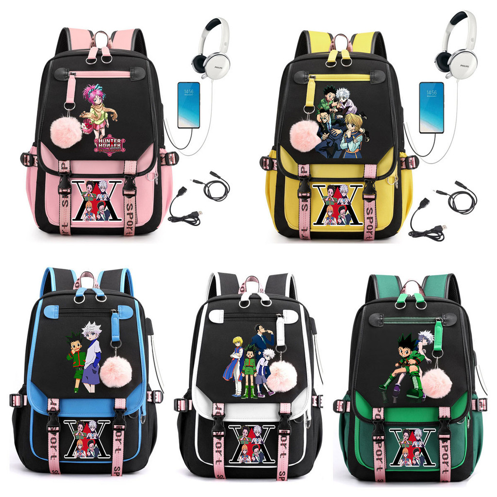 Anime Hunter X Hunter Backpack กระเป๋าเรียนนักเรียน กระเป๋าเล็ปท็อป (อินเตอร์เฟส USB และหูฟัง)