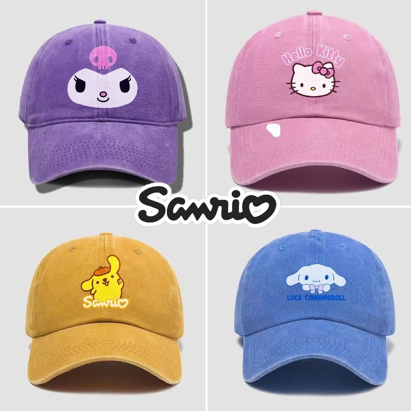 หมวกเบสบอลผ้าฝ้ายล้างการ์ตูน Sanrio, หมวกย้อนยุค Kuromi แฟชั่น, อุปกรณ์การเดินทางบังแดด Hello Kitty ระบายอากาศได้และแสงแดด