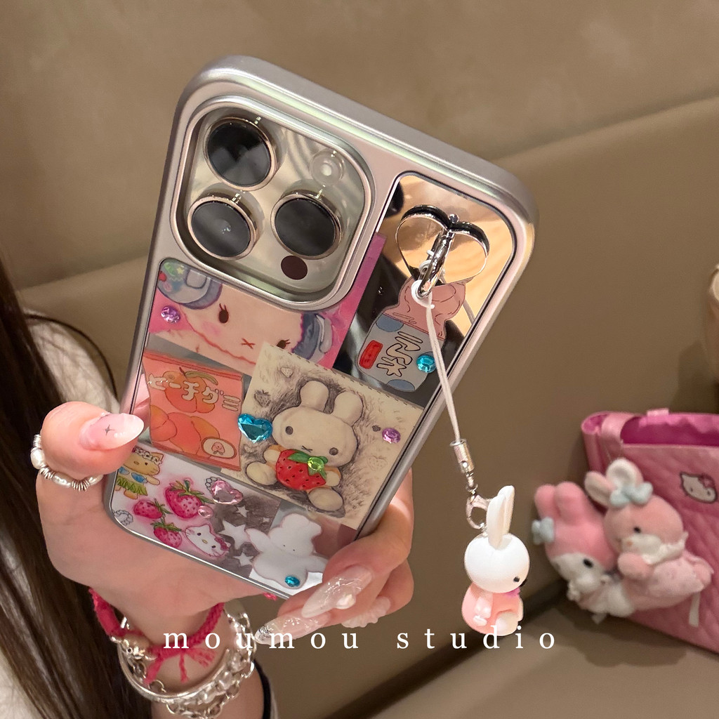 Huiwanju เปลือกไฟฟ้ากระจกกระต่ายเหมาะสําหรับ iPhone16promax เคสโทรศัพท์มือถือ 15pro เคสป้องกัน 1413 สาวเรียบง่าย 11