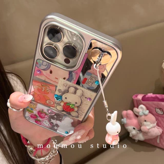 Huiwanju เปลือกไฟฟ้ากระจกกระต่ายเหมาะสําหรับ iPhone16promax เคสโทรศัพท์มือถือ 15pro เคสป้องกัน 1413 สาวเรียบง่าย 11