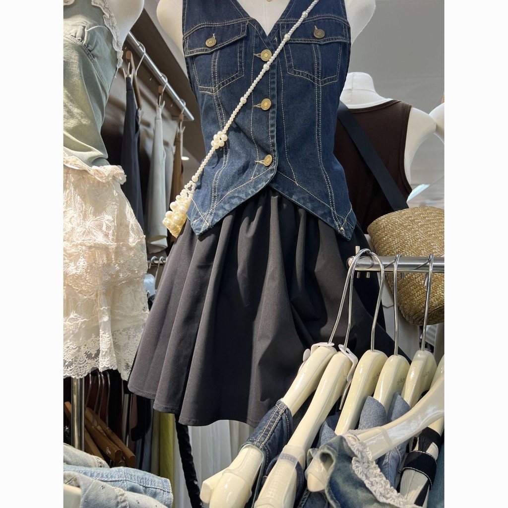 สิบสามเส้นแฟชั่น Classy v คอ Retro Single-Breasted Denim Top หญิงสไตล์ฮ่องกง chic Denim เสื้อสเวตเตอร์ถัก