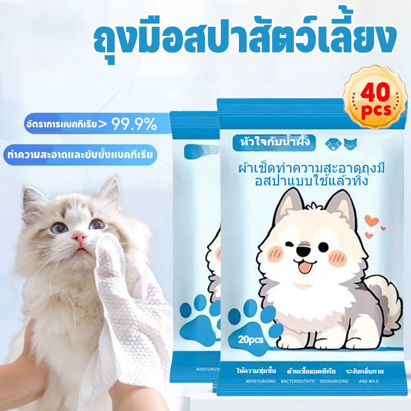 COD ถุงมือทำความสะอาดสัตว์เลี้ยง ถุงมืออาบน้ำแมว 40ชิ้น/ซอง ทิชชู่เปียกสัตว์เลี้ยง อาบน้ําแห้งแมว