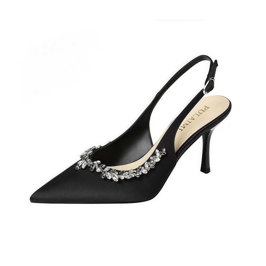 พร้อมส่งจากไทย ตกแต่ง Rhinestone แฟชั่นงานส้นเข็มรองเท้าสตรี หนังนิ่ม รองเท้าแตะหัวเเหลม สูง3.54นิ้ว