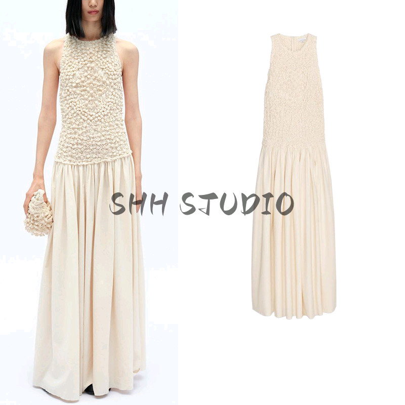 ซาร่า 2025 ชุดเดรสยาวฤดูร้อน ผ้าฝ้ายสำหรับผู้หญิง แขนกุด จีบตกแต่งรอบคอ 4831042