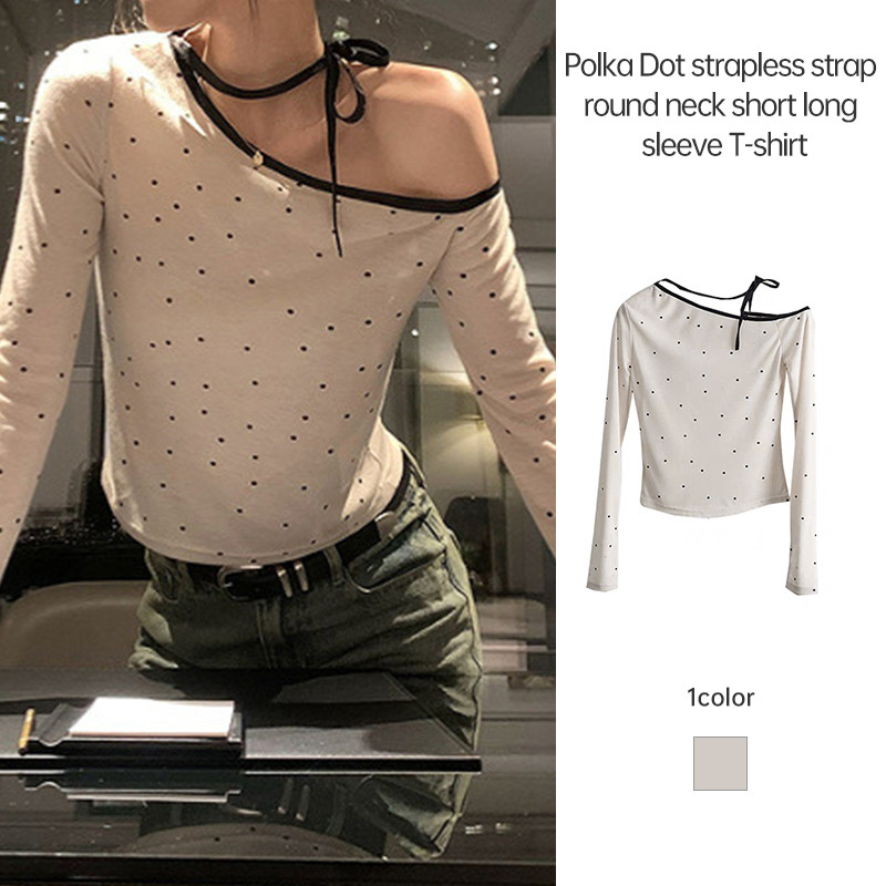 เสื้อครอปแขนยาวปาดไหล่ลายจุด ดีเทลแต่งสายคล้องคอ เข้ารูป ผ้าบางเบา ใส่สบายคิวท์ สไตล์สาวเกาหลี-MTY