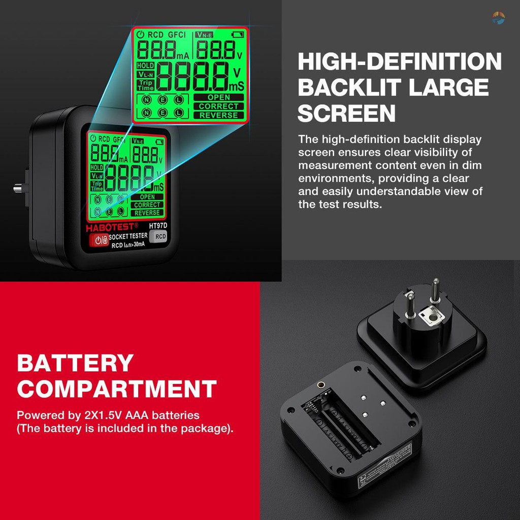 HABOTEST HT97D เครื่องทดสอบซ็อกเก็ตดิจิตอลทดสอบแรงดันไฟฟ้า EU Plug เครื่องตรวจจับซ็อกเก็ตอัจฉริยะการทดสอบการรั่วไหลเครื่องทดสอบเฟสมัลติฟังก์ชั่น - รูปที่ 7