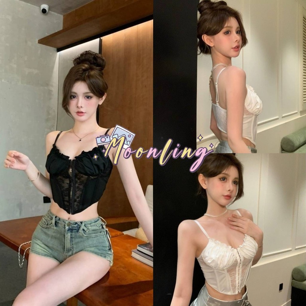Moonling พร้อมส่งจากไทย เสื้อสายเดี่ยว มีฟองน้ำบางๆ น่ารักมากสุดๆ ดีเทลลูกไม้ ทรงรัดเอว *FY2226-J*