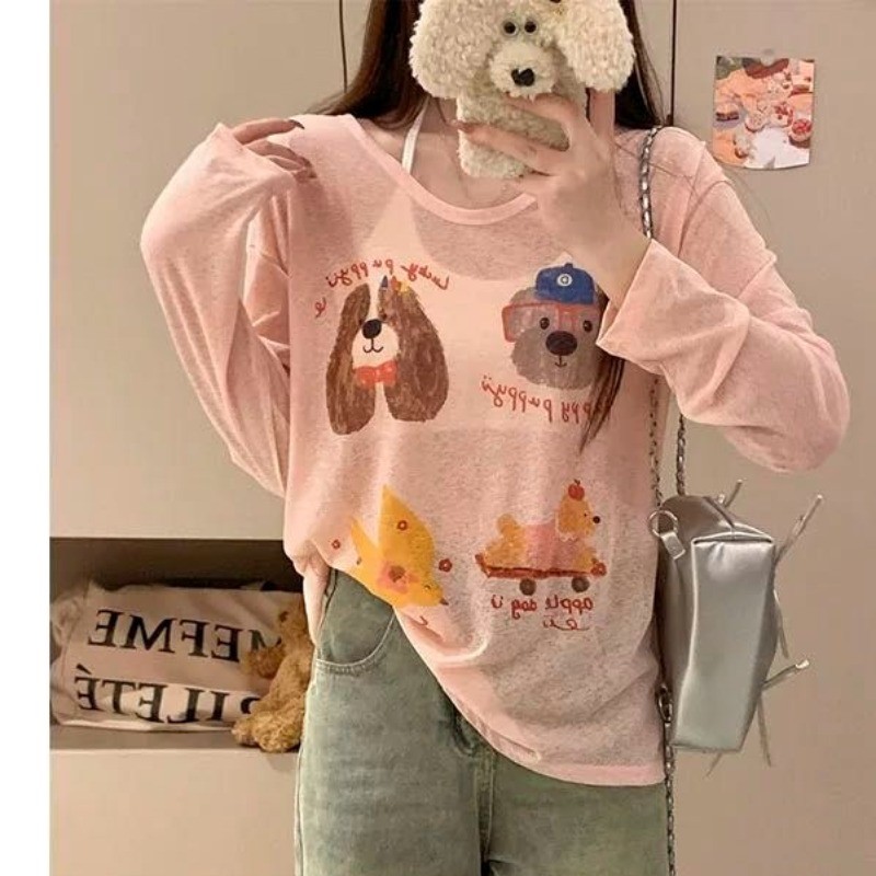 เสื้อยืดแขนยาวพิมพ์ลายแอปริคอทสไตล์เกาหลีสำหรับผู้หญิงเสื้อกันแดดทรงหลวมแบบบางใส่ทับซ้อนกันในฤดูร้อน