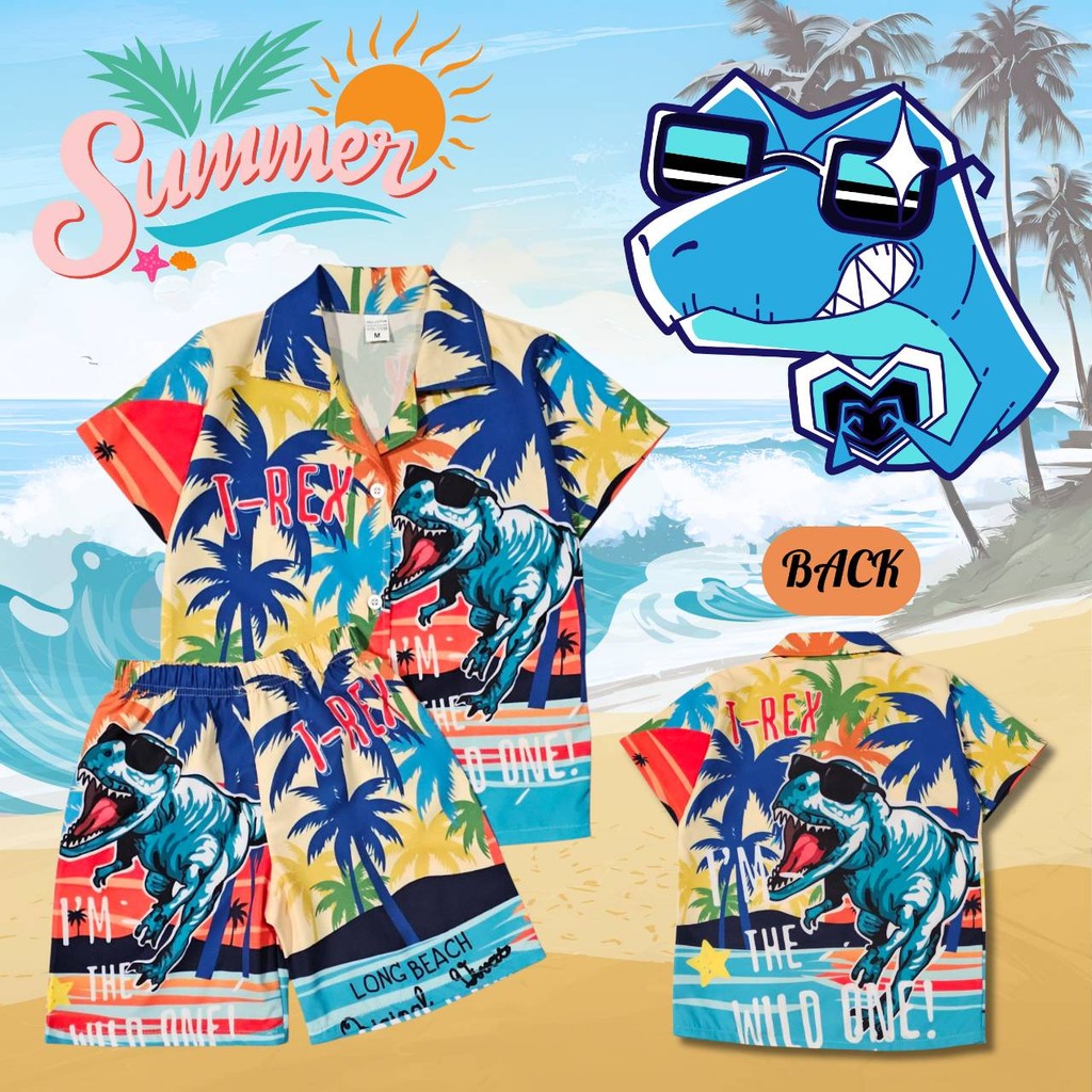 DI0750#11 ชุดเด็ก เซ็ตเสื้อฮาวาย+กางเกงขาสั้น ผ้าไหมอิตาลี ลายไดโนเสาร์ ทีเร็กซ์ เสื้อผ้าเด็กแฟชั่น ชุดเด็กลายการ์ตูน