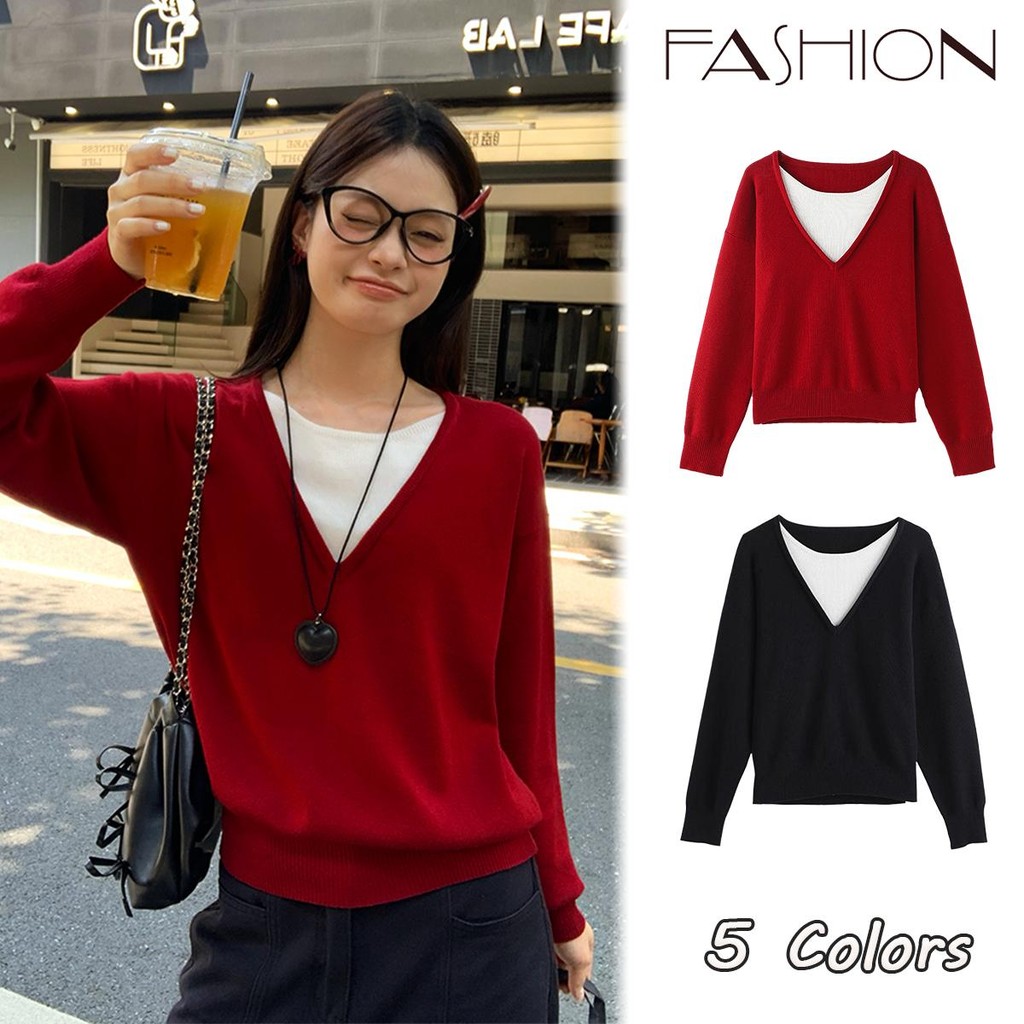 KOKO#เสื้อคริสต์มาสผู้หญิงไหมพรม สีแดง สไตล์เกาหลีทรงเข้ารูป แขนยาว #H049